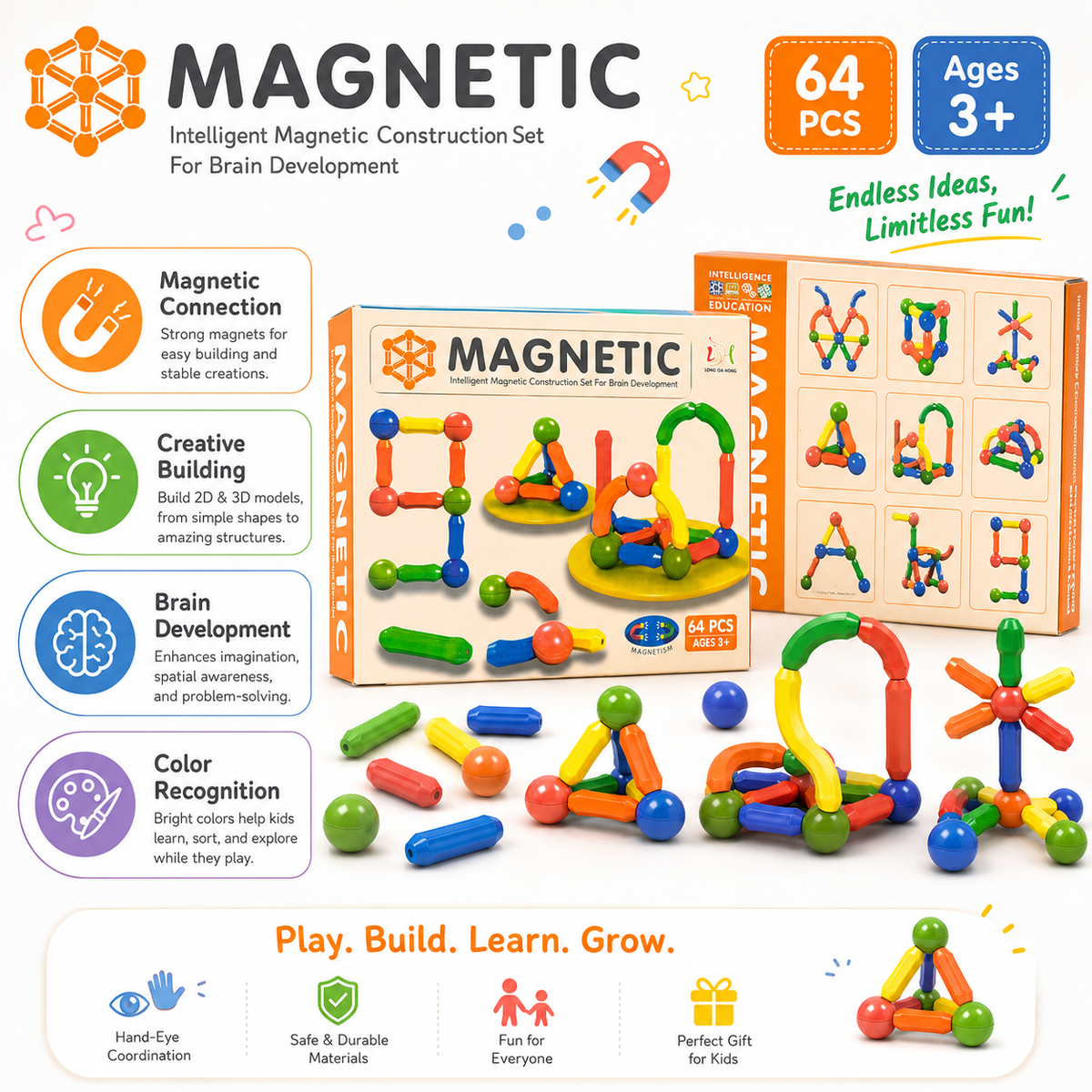 64 Pcs Magnetic Building Sticks & Balls Set for Kids – Educational Construction Toy