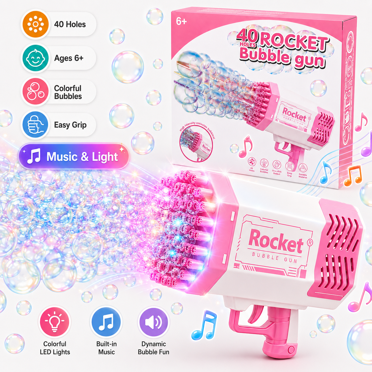 40-Hole Rocket Bubble Gun for Kids with Lights & Music – Pink | Ages 6+