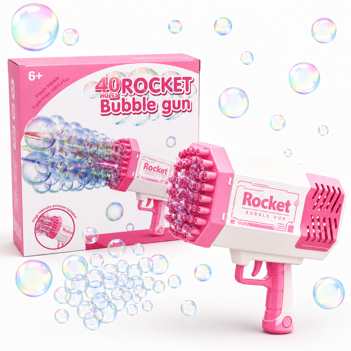 40-Hole Rocket Bubble Gun for Kids with Lights & Music – Pink | Ages 6+