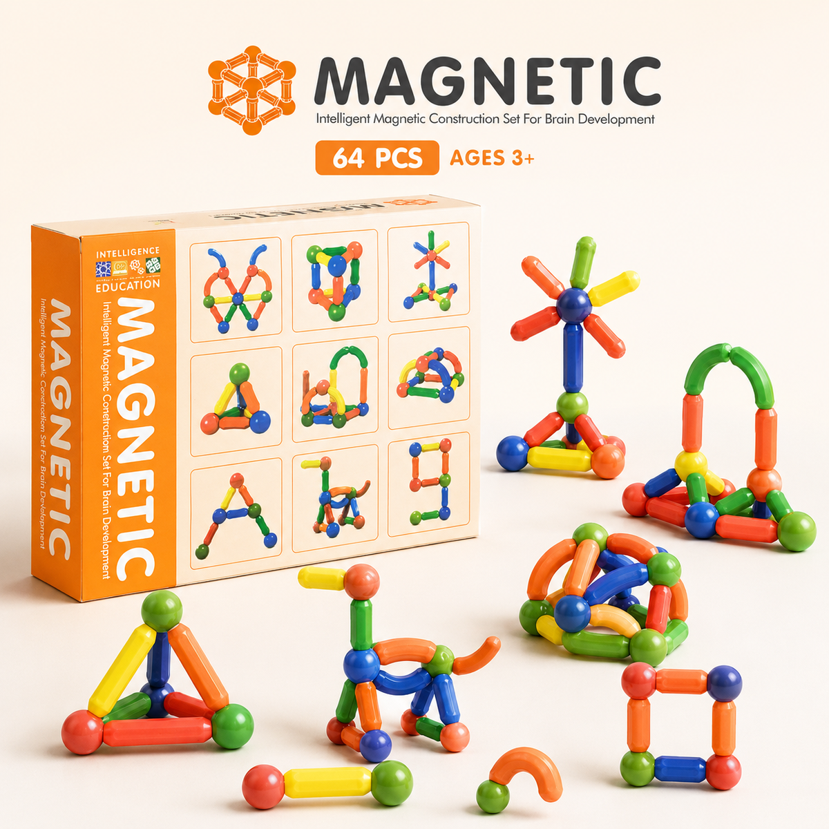 64 Pcs Magnetic Building Sticks & Balls Set for Kids – Educational Construction Toy