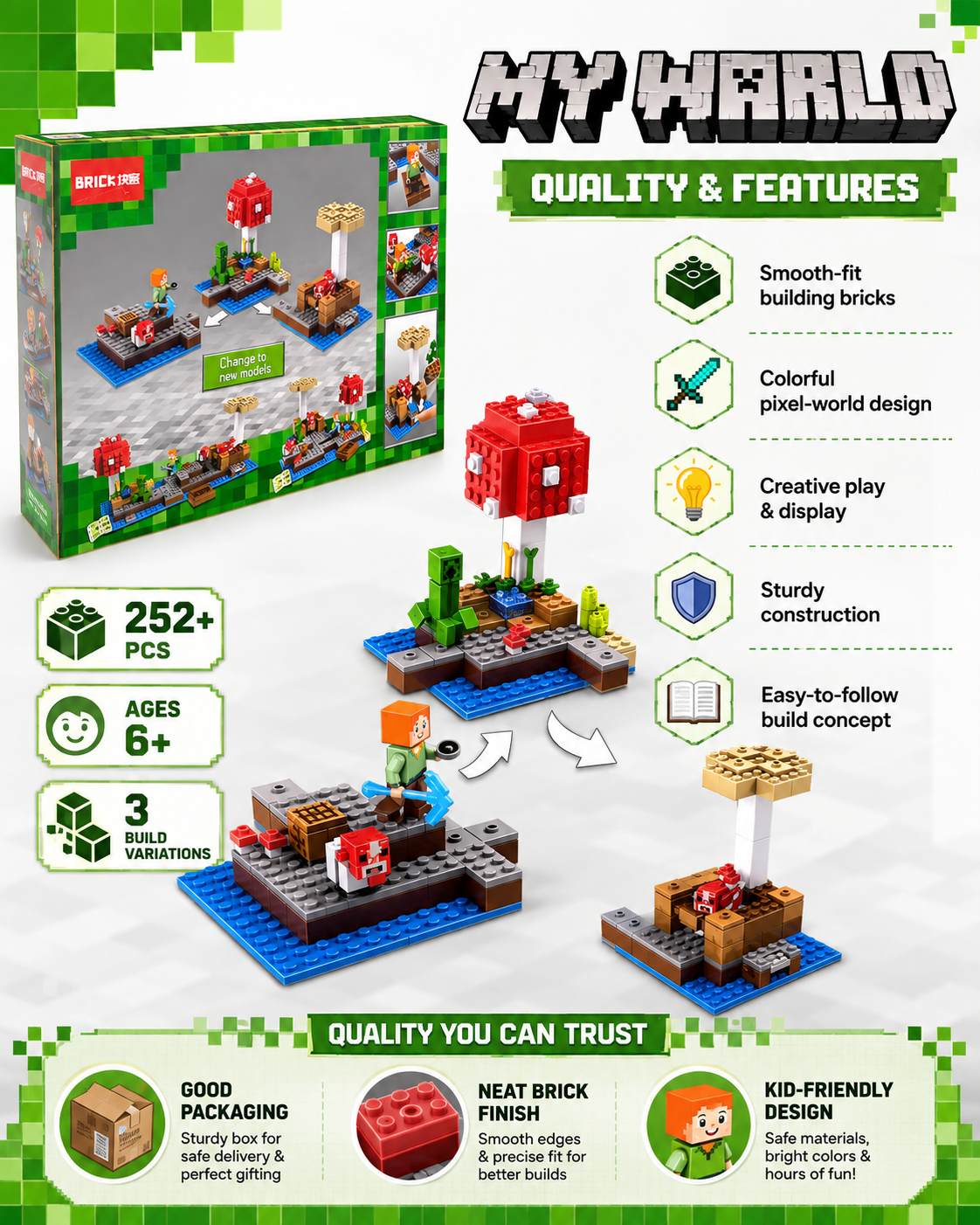 Pixel Adventure Building Blocks Set for Kids – 252+ Pcs 3-in-1 Construction Toy | Ages 6+
