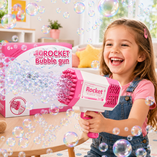 40-Hole Rocket Bubble Gun for Kids with Lights & Music – Pink | Ages 6+