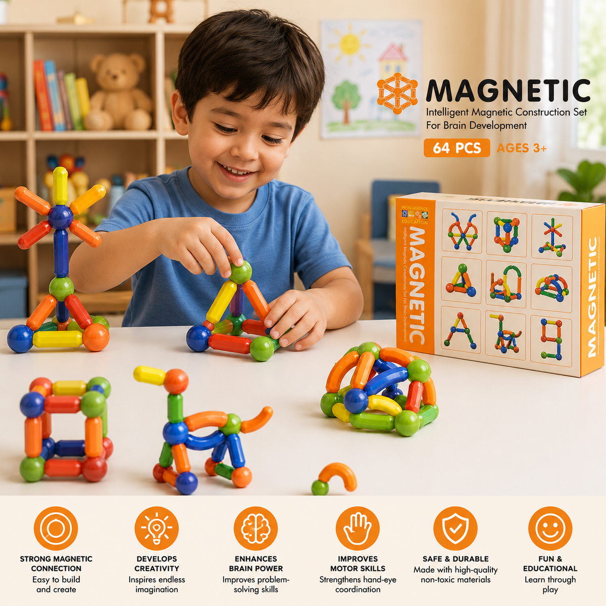 64 Pcs Magnetic Building Sticks & Balls Set for Kids – Educational Construction Toy